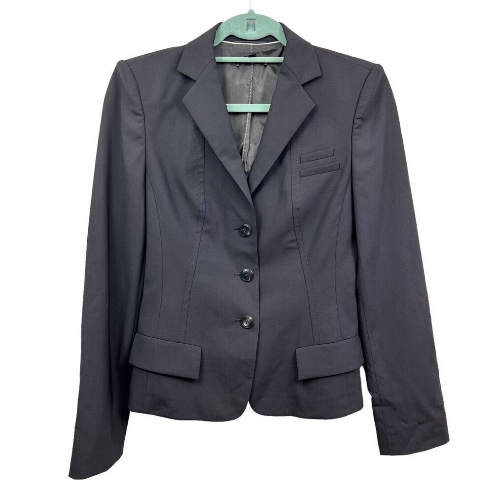 Boss Hugo Boss Womens Wool Blazer 3 Button Lined Vented Flap Pockets Black Sz 6*